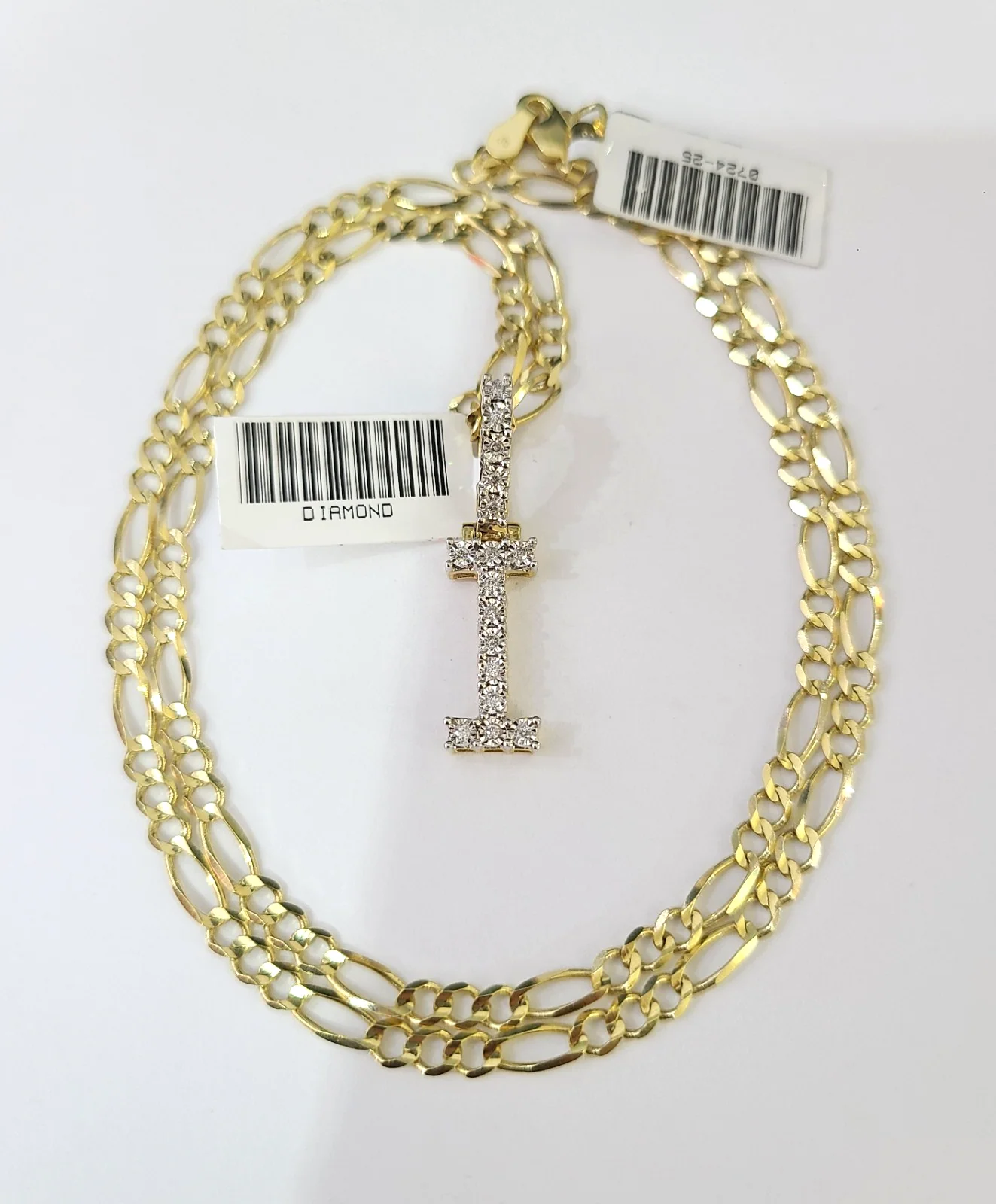 10k Gold Figaro Chain I Diamond Initial Pendant 3mm 20-28 inch SET Necklace