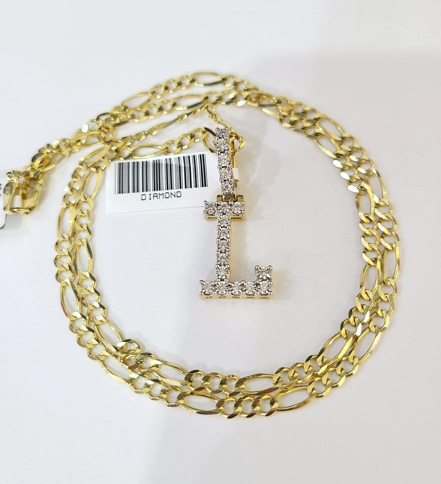 10k Gold Figaro Chain L Diamond Initial Pendant 3mm 20-28 inch SET Necklace