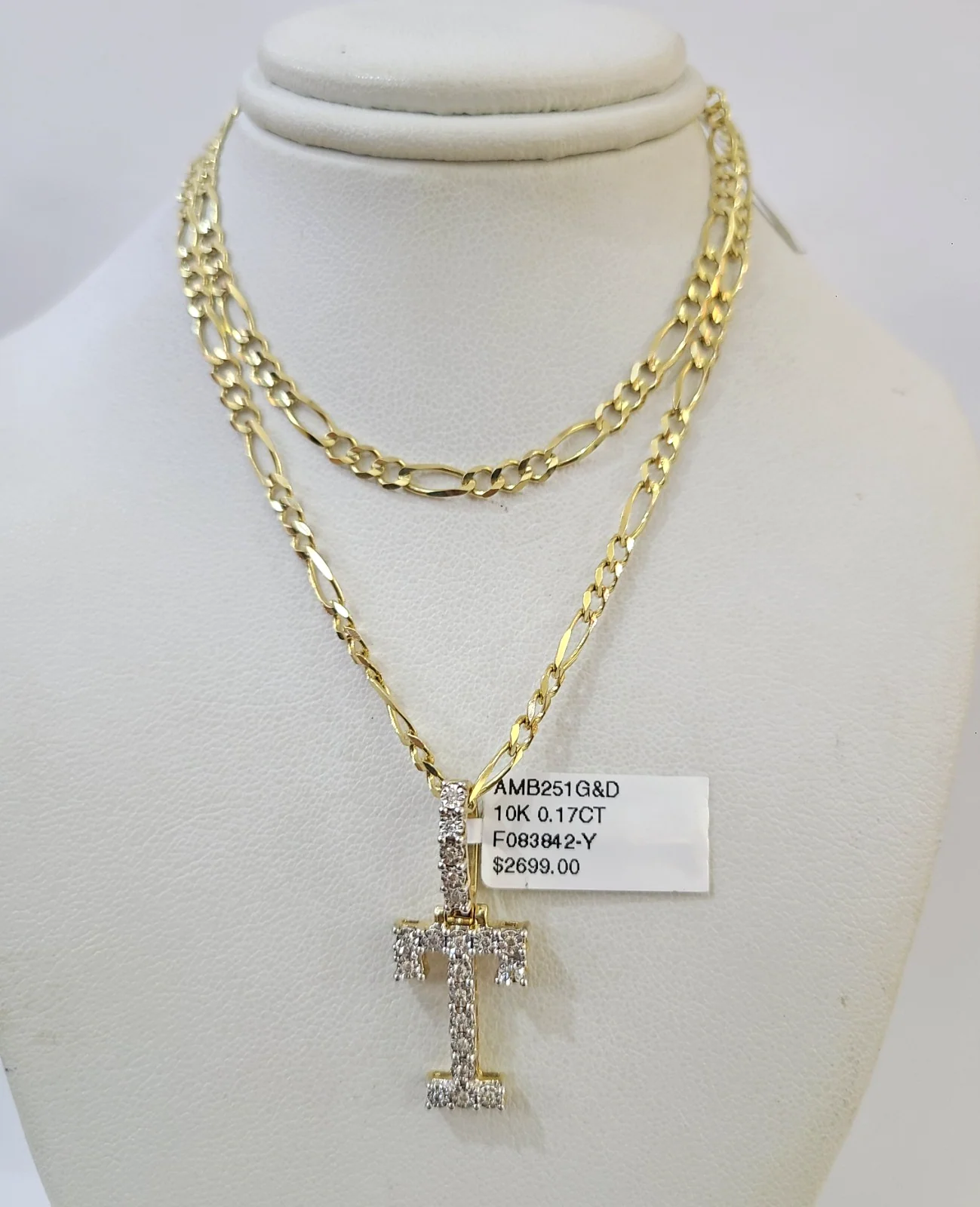 10k Gold Figaro Chain T Diamond Initial Pendant 3mm 20-28 inch SET Necklace