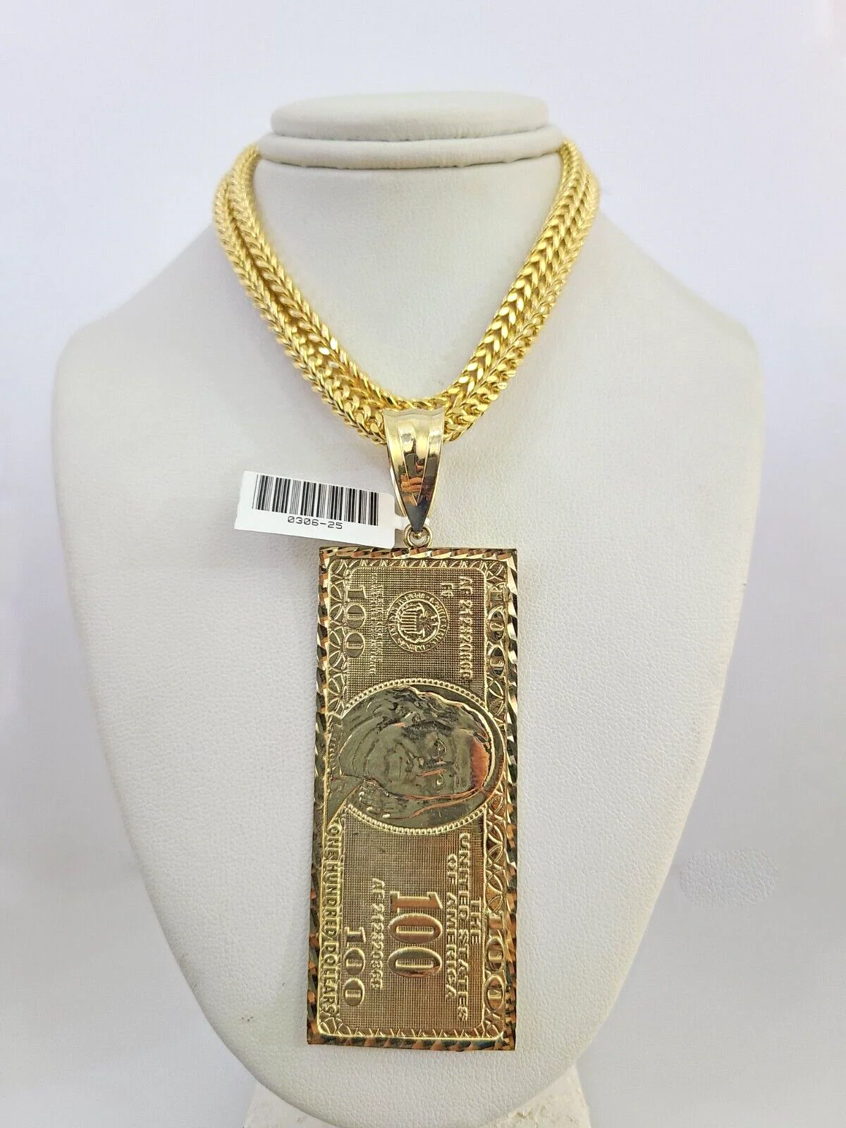 10k Gold Franco Chain 100 Dollar Bill Charm Pendant 4mm 18-28 Inch Necklace