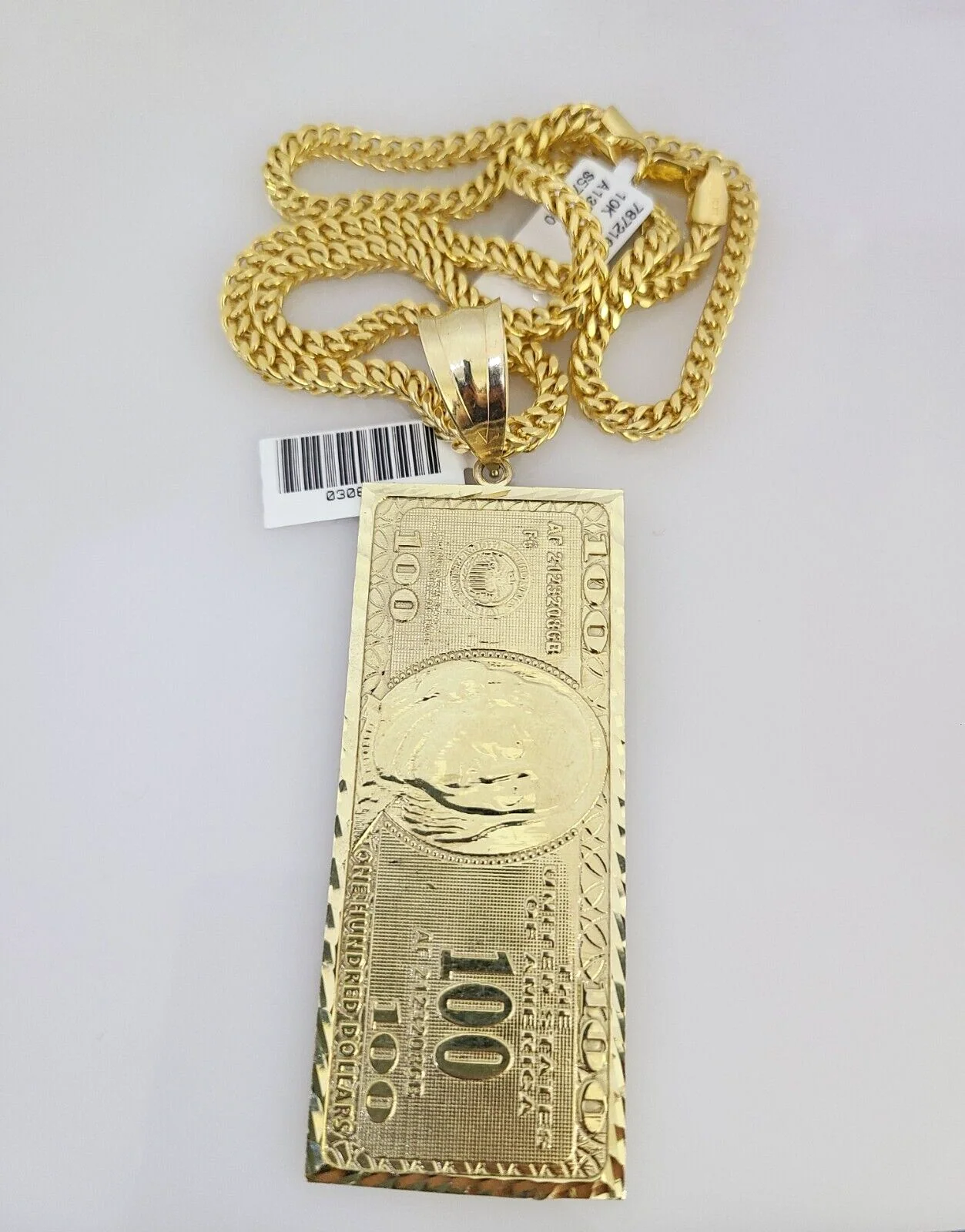 10k Gold Franco Chain 100 Dollar Bill Charm Pendant 4mm 18-28 Inch Necklace - Image 3