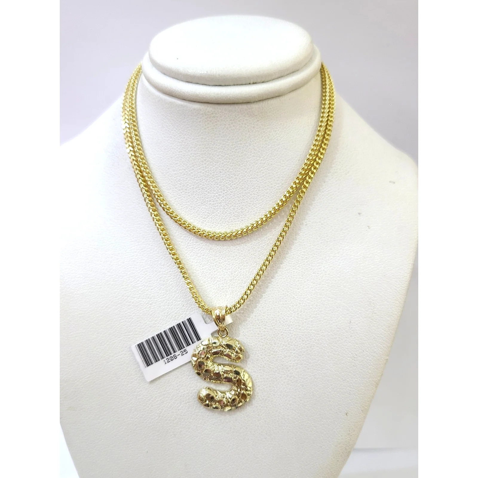 10k Gold Franco Chain 2.5mm 16"-26" S Nugget Initial Charm Pendant Necklace SET - Image 2