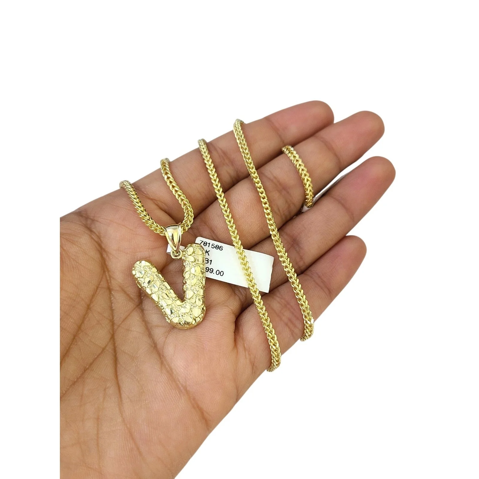 10k Gold Franco Chain 2.5mm 16"-26" V Nugget Initial Charm Pendant Necklace SET