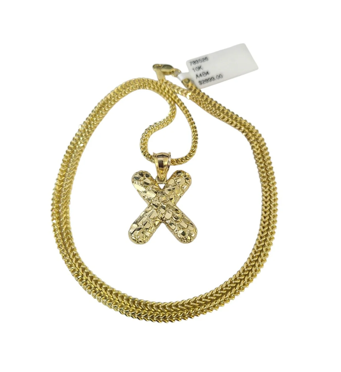 10k Gold Franco Chain 2.5mm 16"-26" X Nugget Initial Charm Pendant Necklace SET