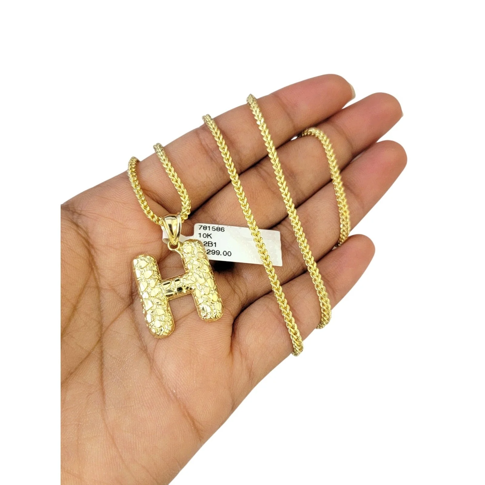10k Gold Franco Chain H Nugget Initial Charm Pendant Necklace SET 2.5mm 16"-26"