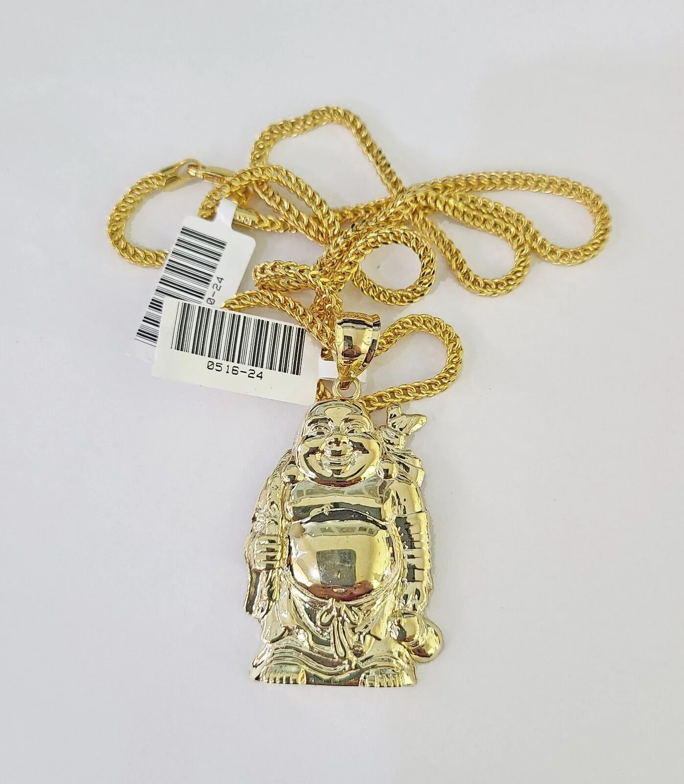 10K Gold Franco Chain Laughing Buddha Charm Pendant 20-26 inches 2.5mm Yellow - Image 4