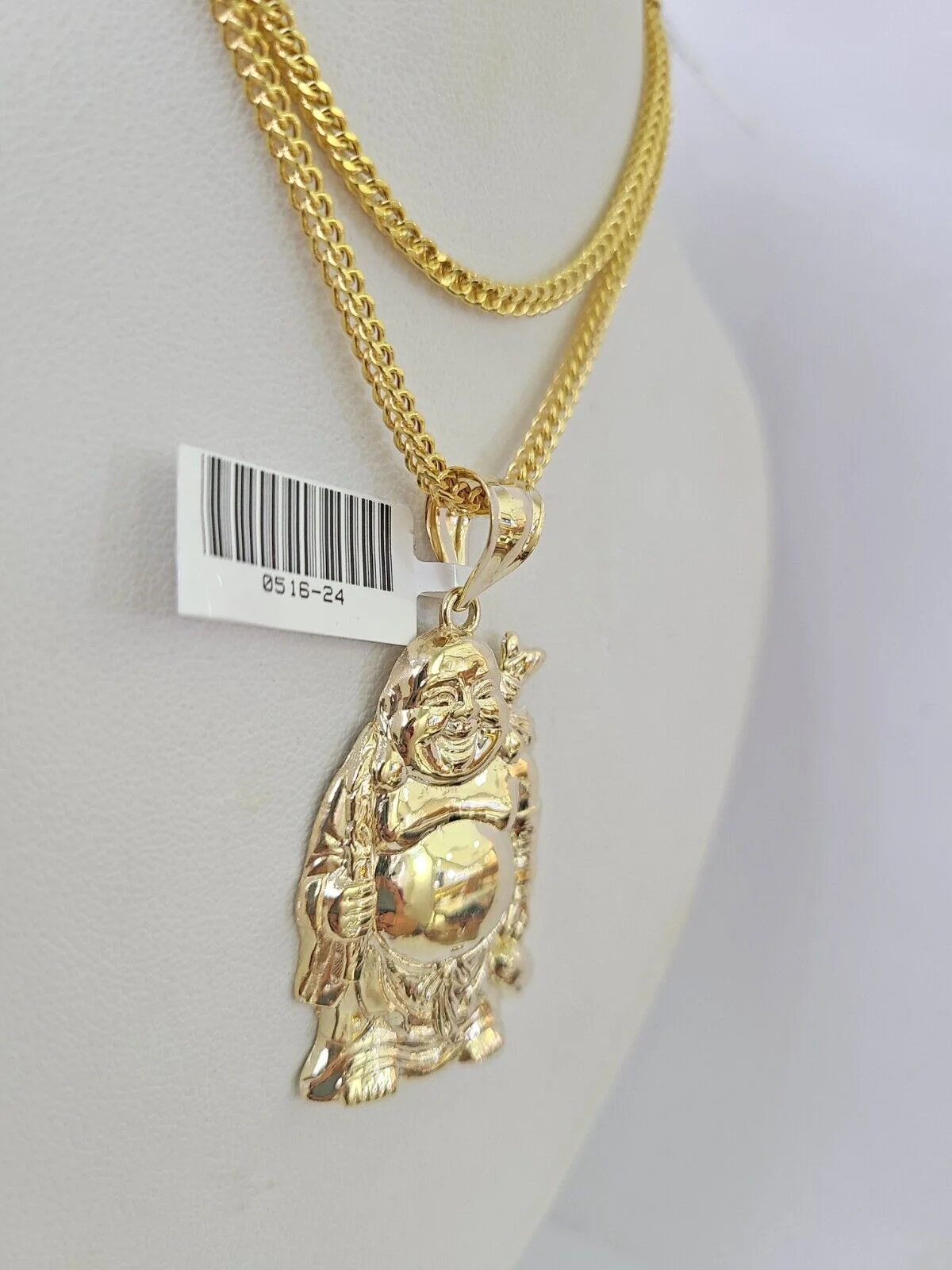10K Gold Franco Chain Laughing Buddha Charm Pendant 20-26 inches 2.5mm Yellow - Image 5