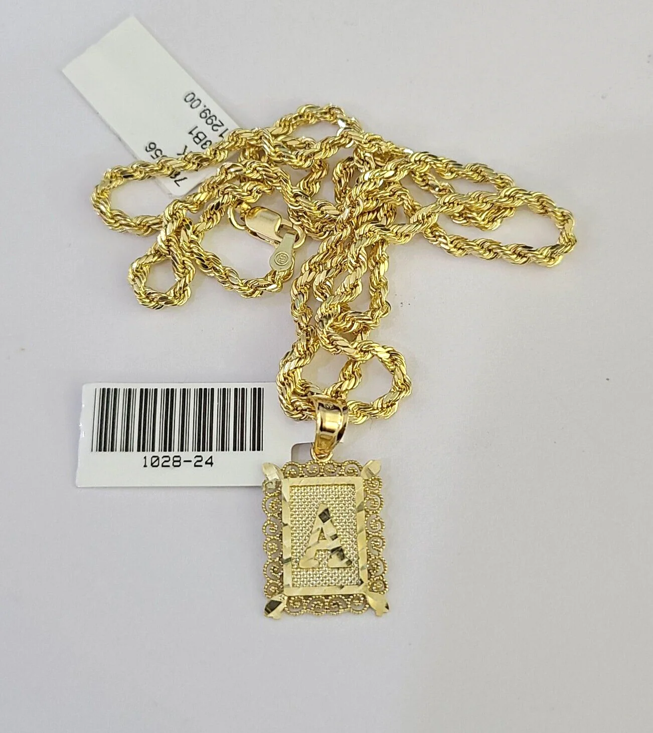 10k Gold Initial A Charm Rope Chain 16"-26" 2.5mm SET Necklace Alphabet Pendant - Image 4