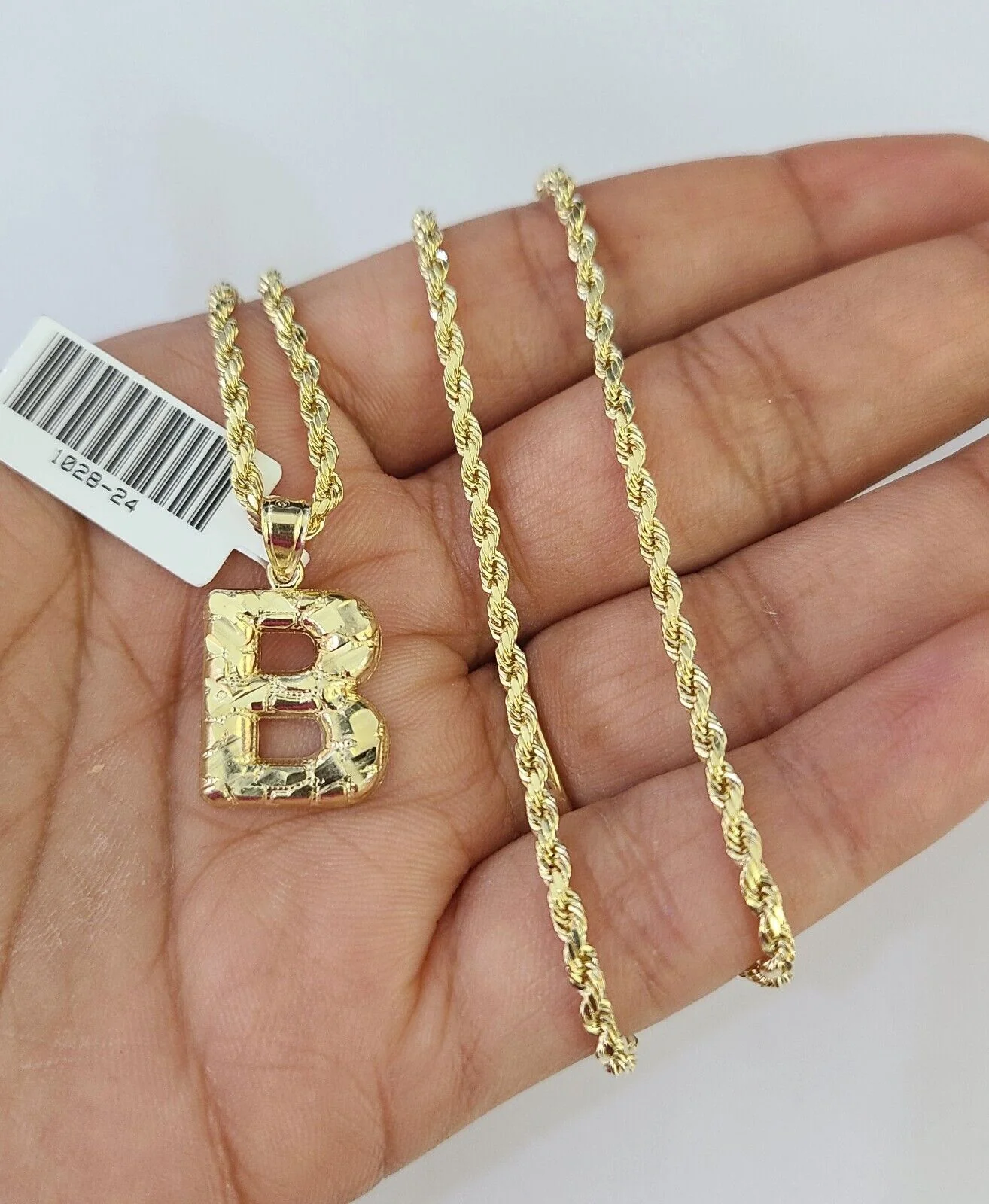 10k Gold Initial B Charm Rope Chain 16"-26" 2.5mm SET Necklace Alphabet Pendant