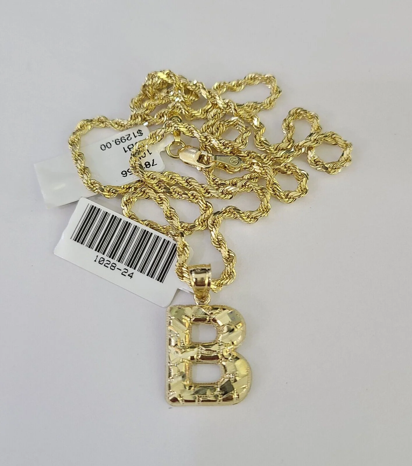 10k Gold Initial B Charm Rope Chain 16"-26" 2.5mm SET Necklace Alphabet Pendant - Image 5