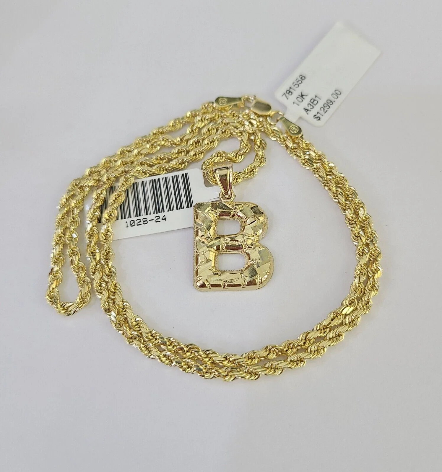 10k Gold Initial B Charm Rope Chain 16"-26" 2.5mm SET Necklace Alphabet Pendant - Image 7