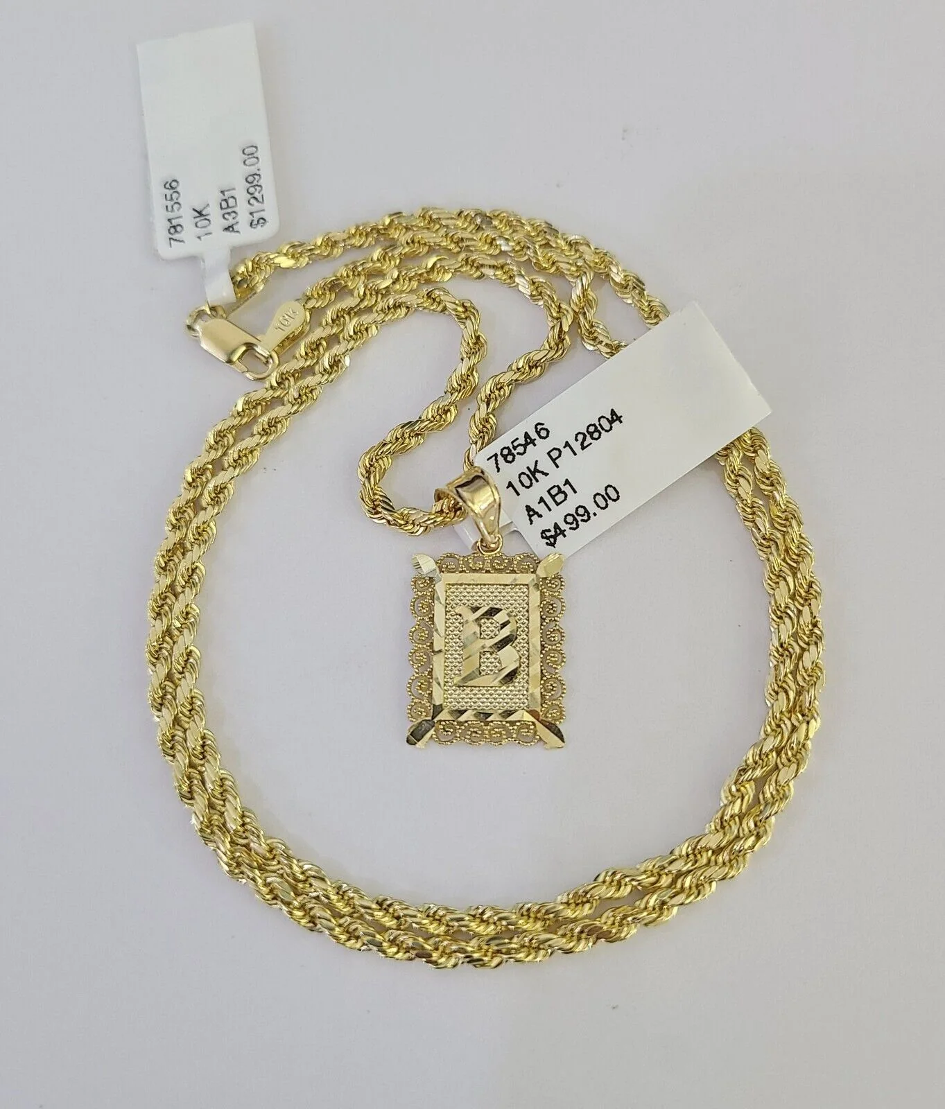 10k Gold Initial B Charm Rope Chain 16"-26" 2.5mm SET Necklace Alphabet Pendant - Image 5