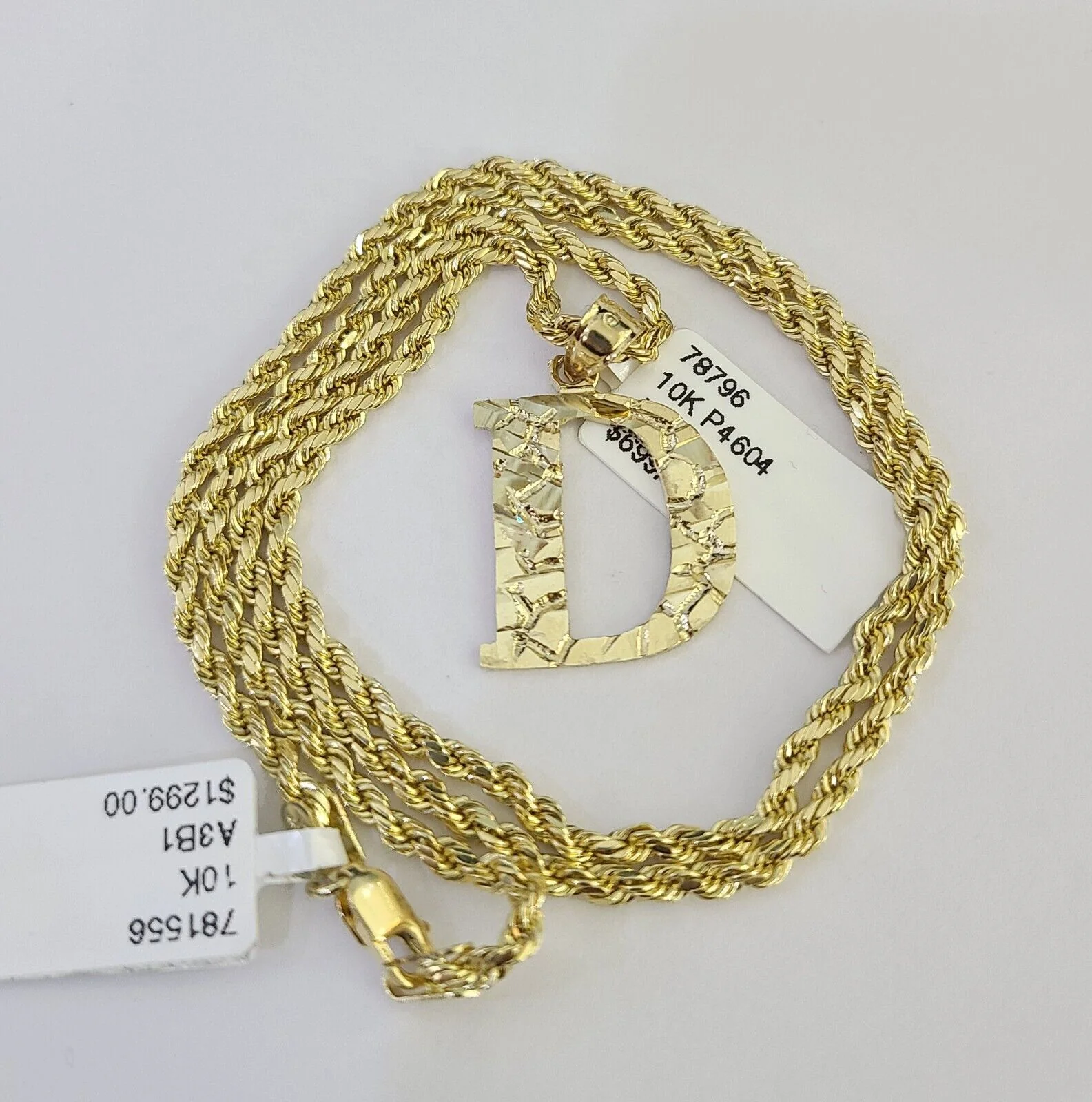 10k Gold Initial D Charm Rope Chain 16"-26" 2.5mm SET Necklace Alphabet Pendant - Image 3