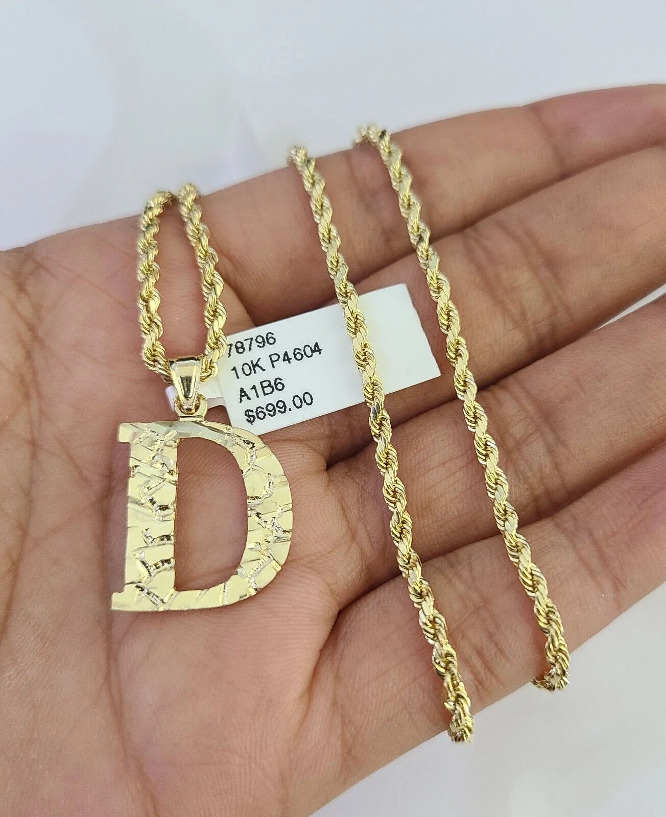 10k Gold Initial D Charm Rope Chain 16"-26" 2.5mm SET Necklace Alphabet Pendant - Image 4