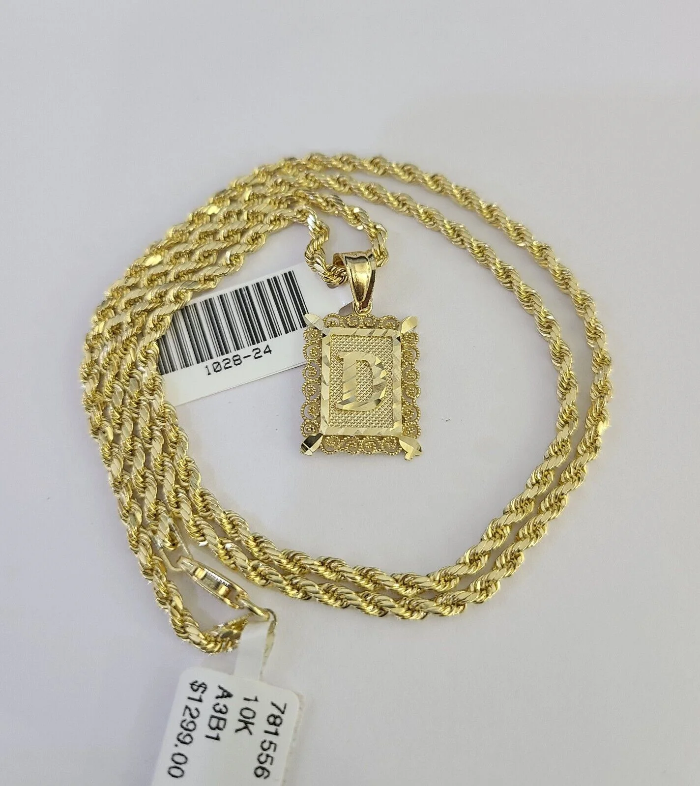 10k Gold Initial D Charm Rope Chain 16"-26" 2.5mm SET Necklace Alphabet Pendant - Image 3