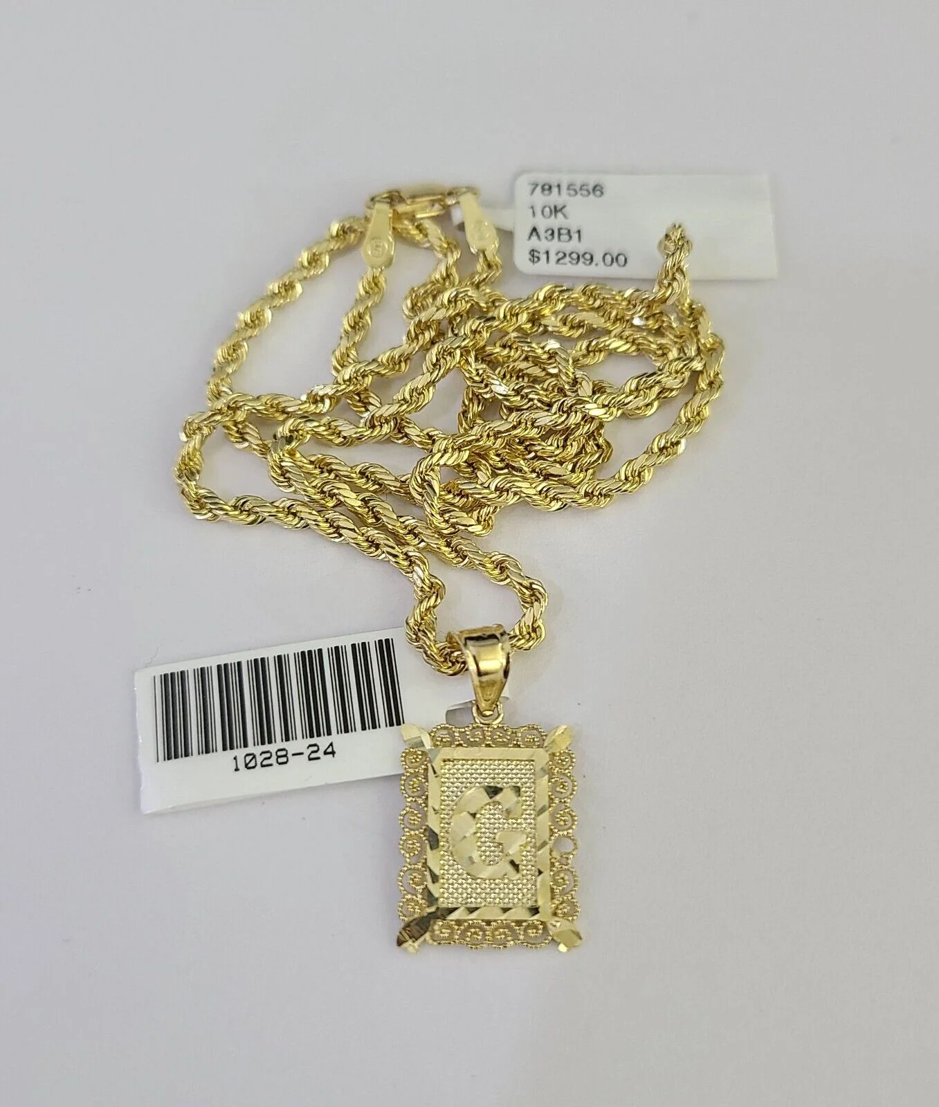 10k Gold Initial G Charm Rope Chain 16"-26" 2.5mm SET Necklace Alphabet Pendant - Image 6
