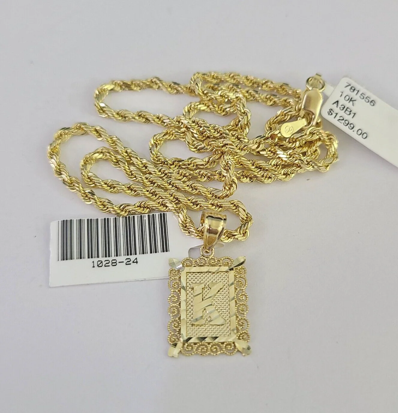 10k Gold Initial K Charm Rope Chain 16"-26" 2.5mm SET Necklace Alphabet Pendant - Image 6