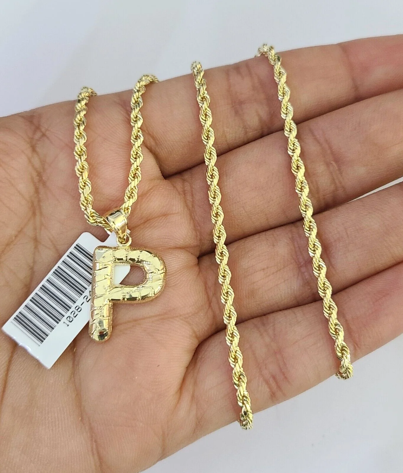 10k Gold Initial P Charm Rope Chain 16"-26" 2.5mm SET Necklace Alphabet Pendant - Image 3