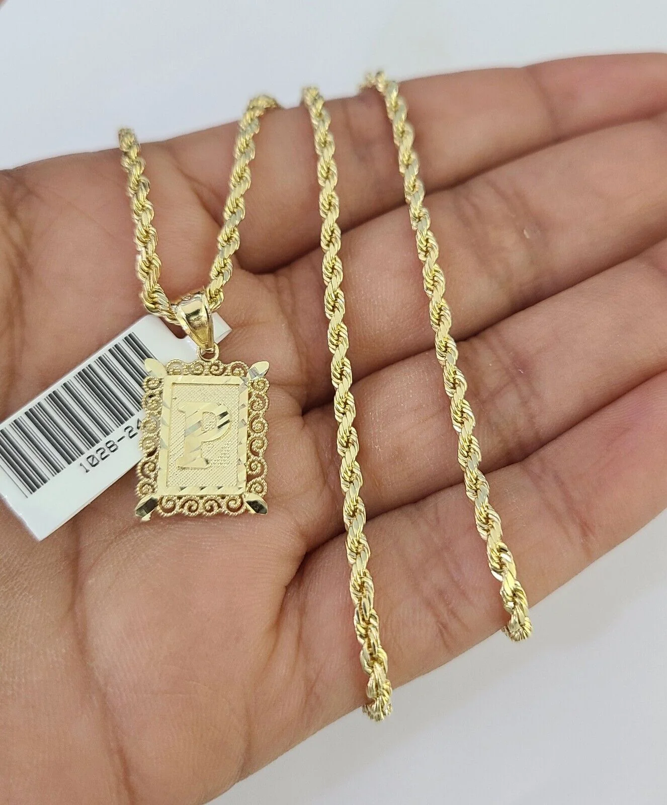 10k Gold Initial P Charm Rope Chain 16"-26" 2.5mm SET Necklace Alphabet Pendant - Image 4