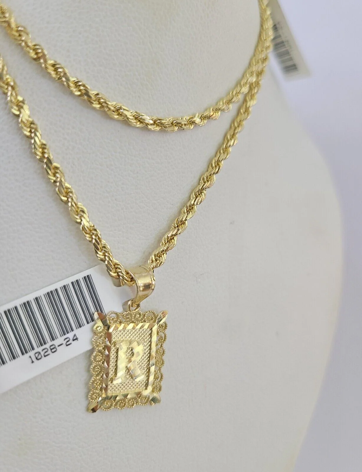 10k Gold Initial R Charm Rope Chain 16"-26" 2.5mm SET Necklace Alphabet Pendant - Image 7