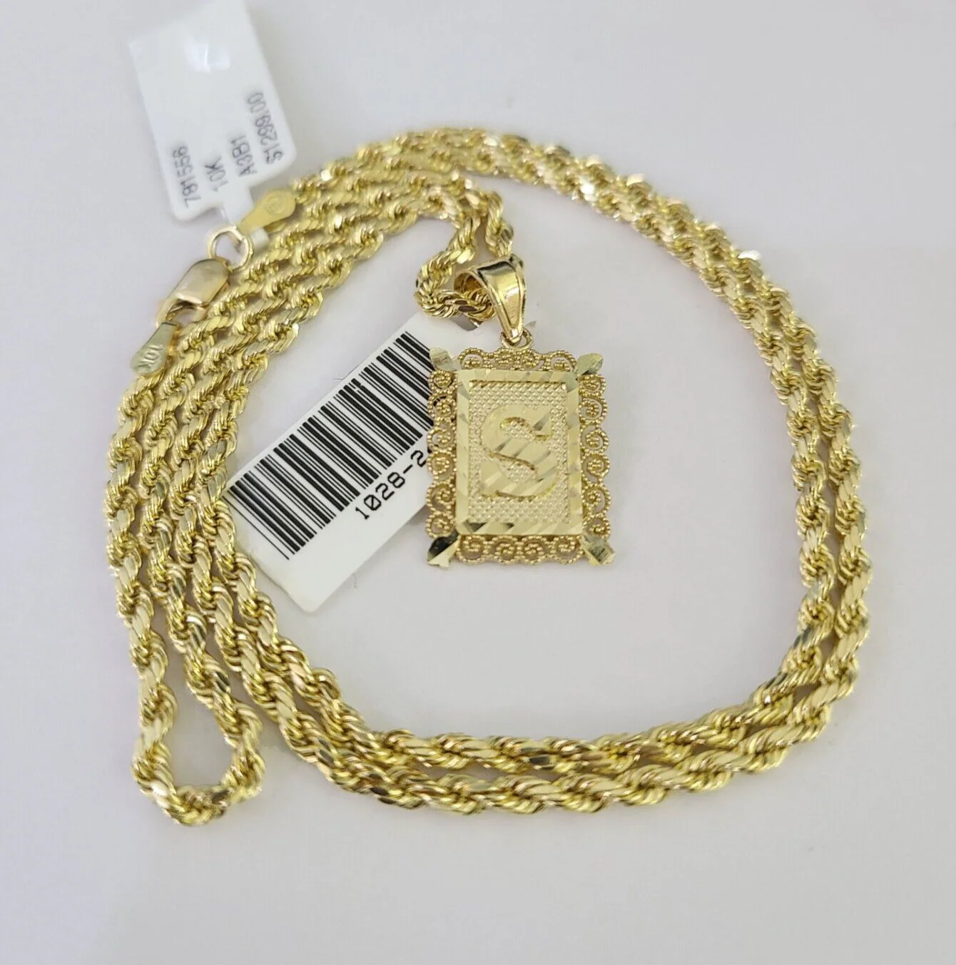 10k Gold Initial S Charm Rope Chain 16"-26" 2.5mm SET Necklace Alphabet Pendant - Image 2