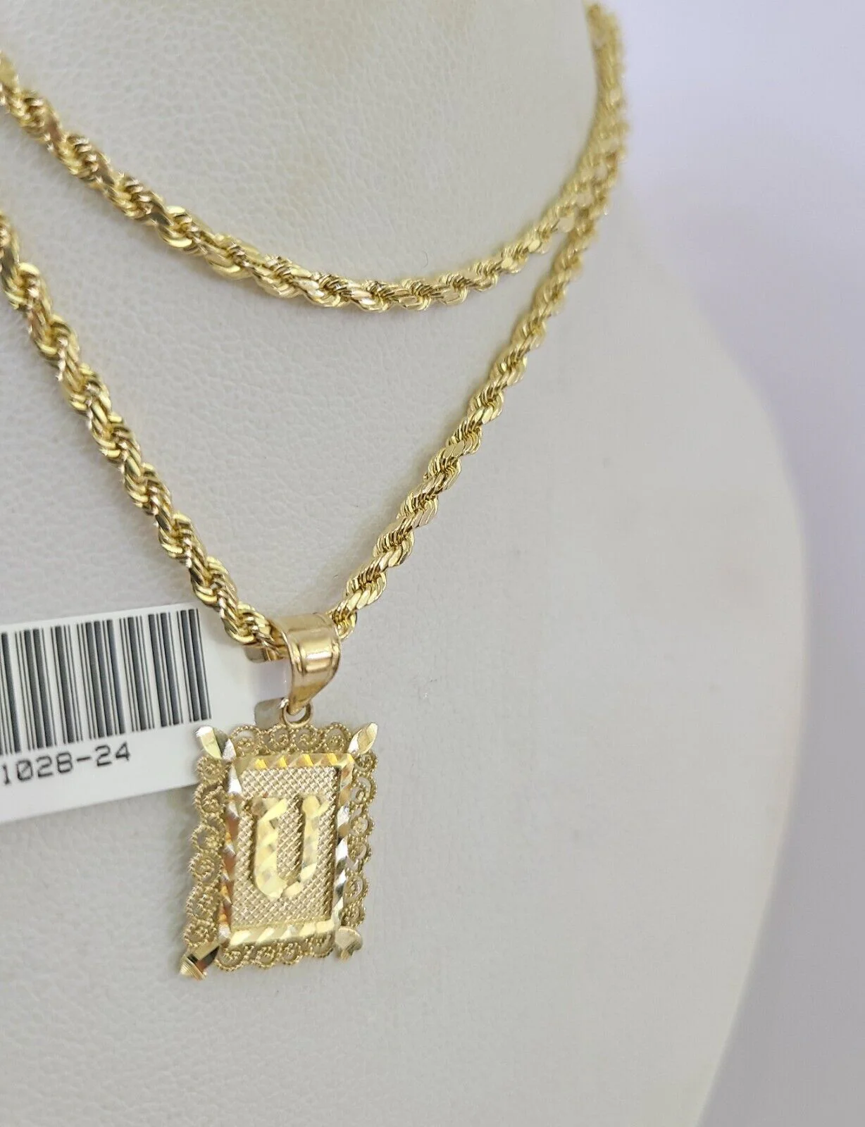 10k Gold Initial U Charm Rope Chain 16"-26" 2.5mm SET Necklace Alphabet Pendant - Image 2