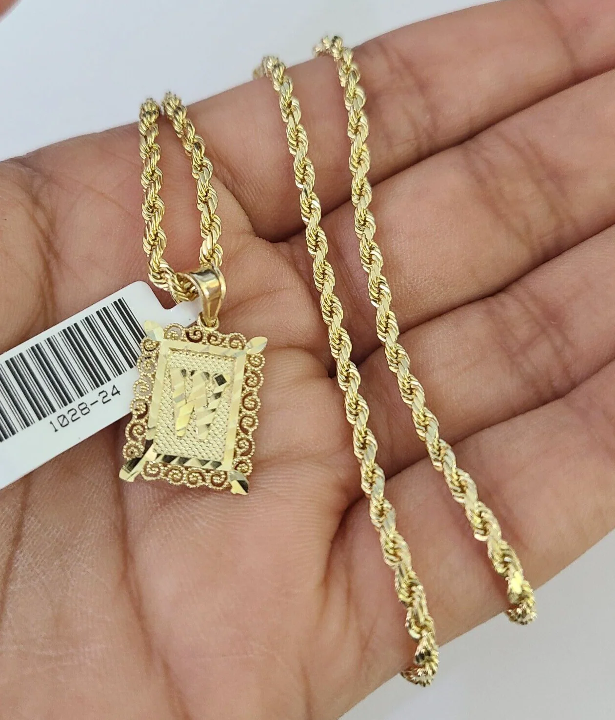 10k Gold Initial W Charm Rope Chain 16"-26" 2.5mm SET Necklace Alphabet Pendant - Image 6