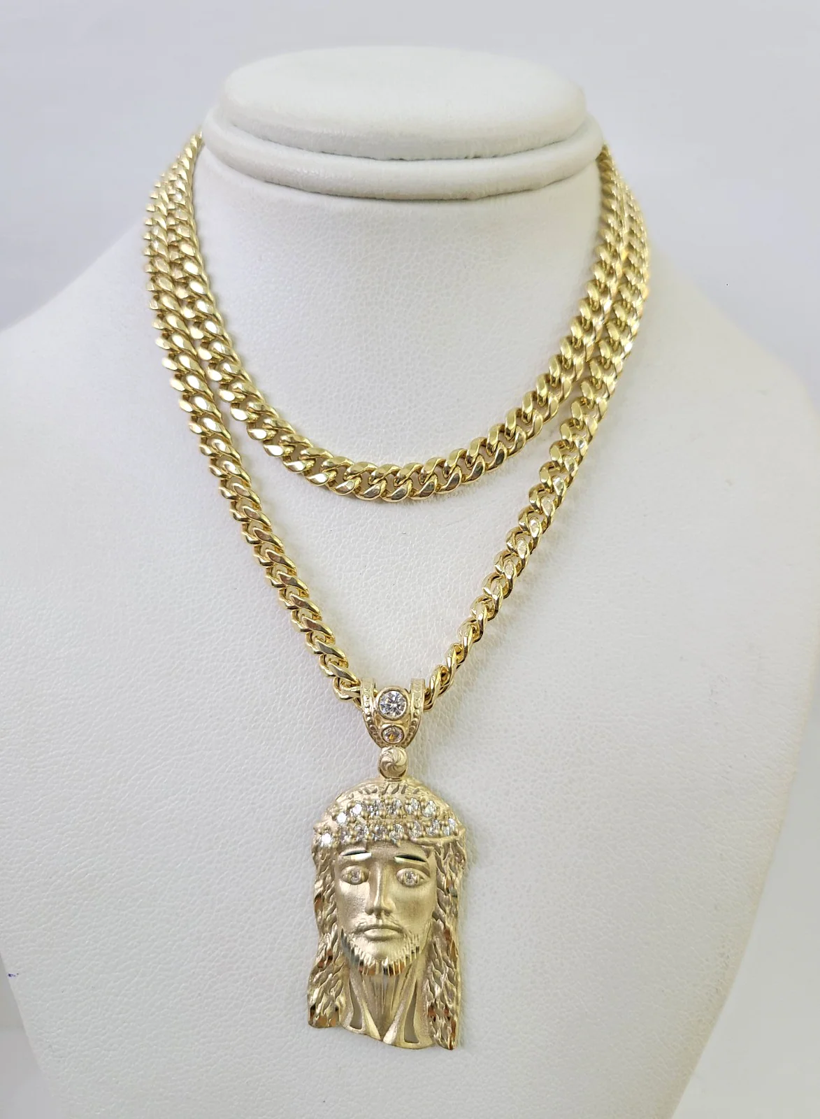 10k Gold Jesus Head Charm Miami Cuban Chain 5mm 18"-28" Necklace Pendant Set