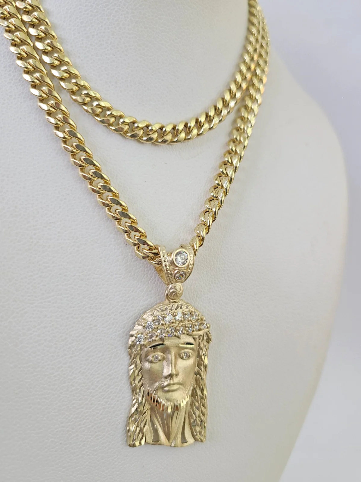 10k Gold Jesus Head Charm Miami Cuban Chain 5mm 18"-28" Necklace Pendant Set - Image 3