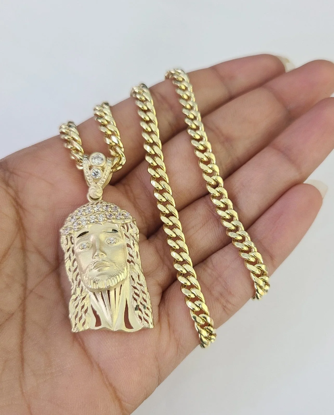 10k Gold Jesus Head Charm Miami Cuban Chain 5mm 18"-28" Necklace Pendant Set - Image 6