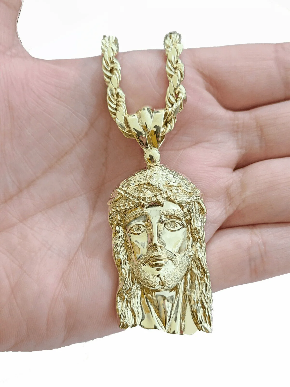 10k Gold Jesus Head Charm Rope Chain Necklace 6mm 22'' Set & Pendant 10kt REAL - Image 2