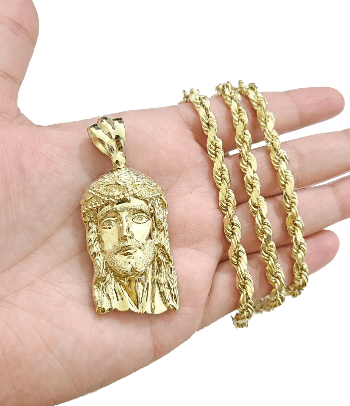 10k Gold Jesus Head Charm Rope Chain Necklace 6mm 24'' Set & Pendant 10kt REAL - Image 5