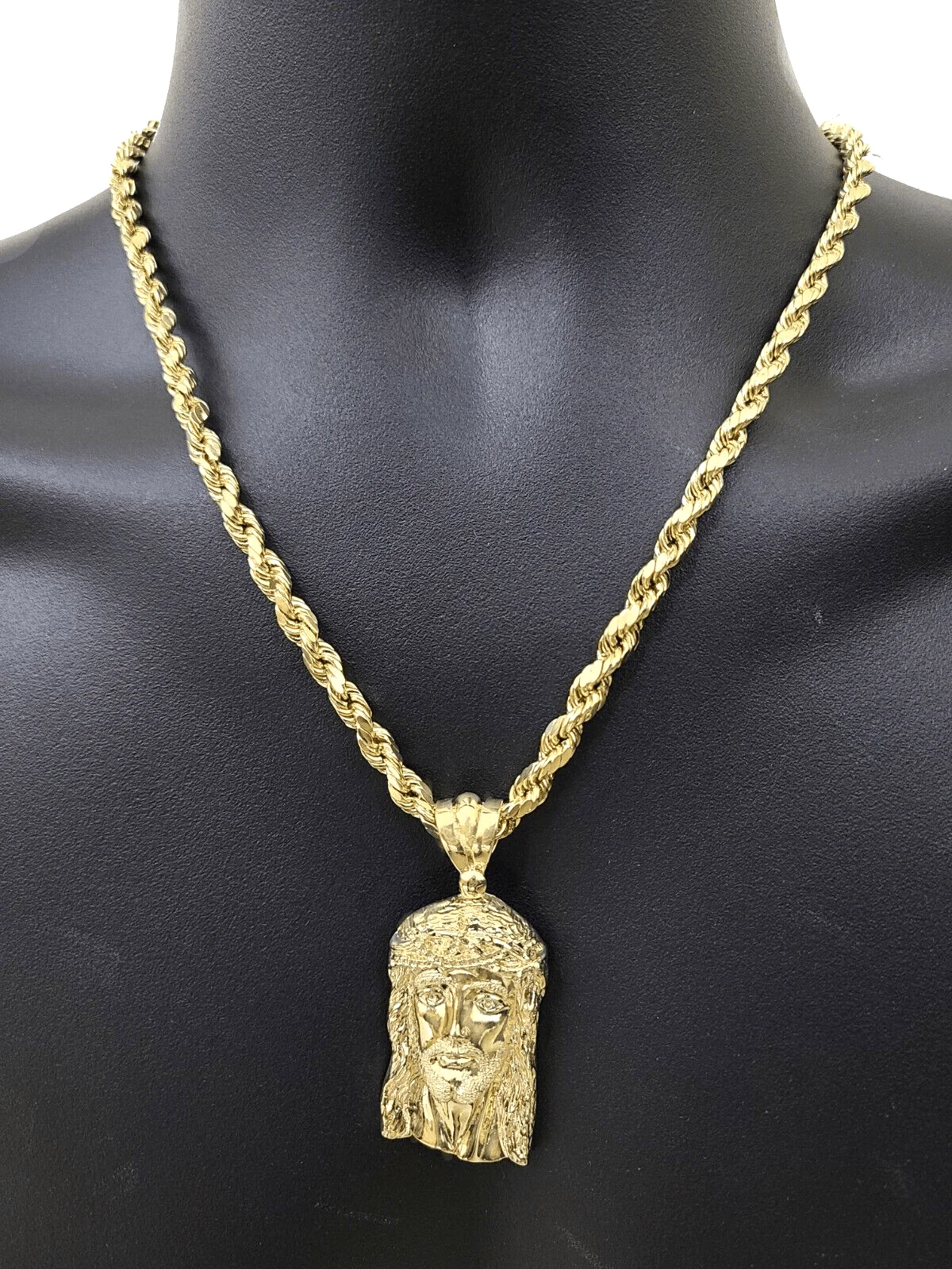 10k Gold Jesus Head Charm Rope Chain Necklace 6mm 28'' Set & Pendant 10kt REAL