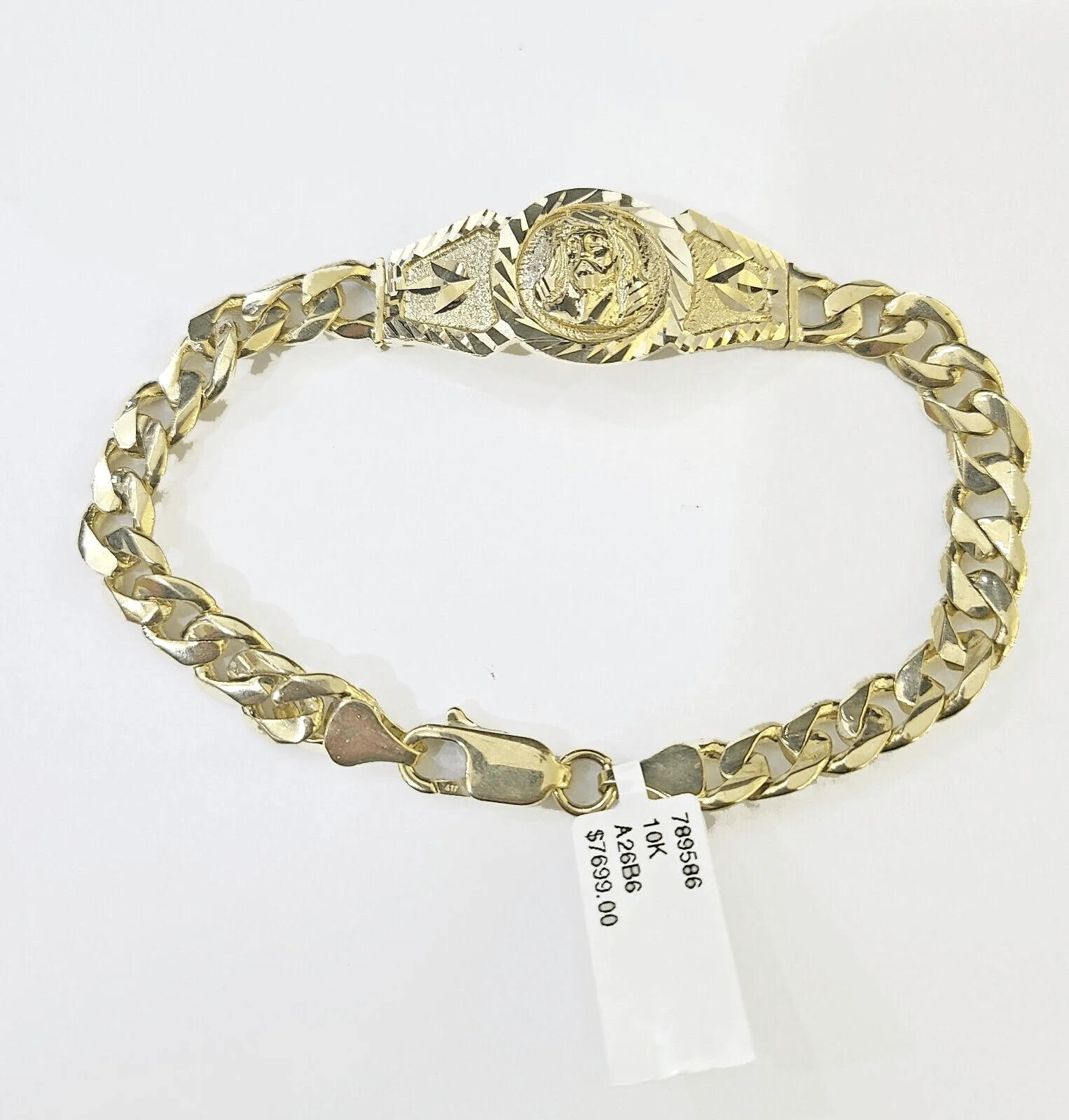 10k Gold Jesus Head Cuban Curb Bracelet Size 8.6" Inches 8mm 10kt Mens Ladies