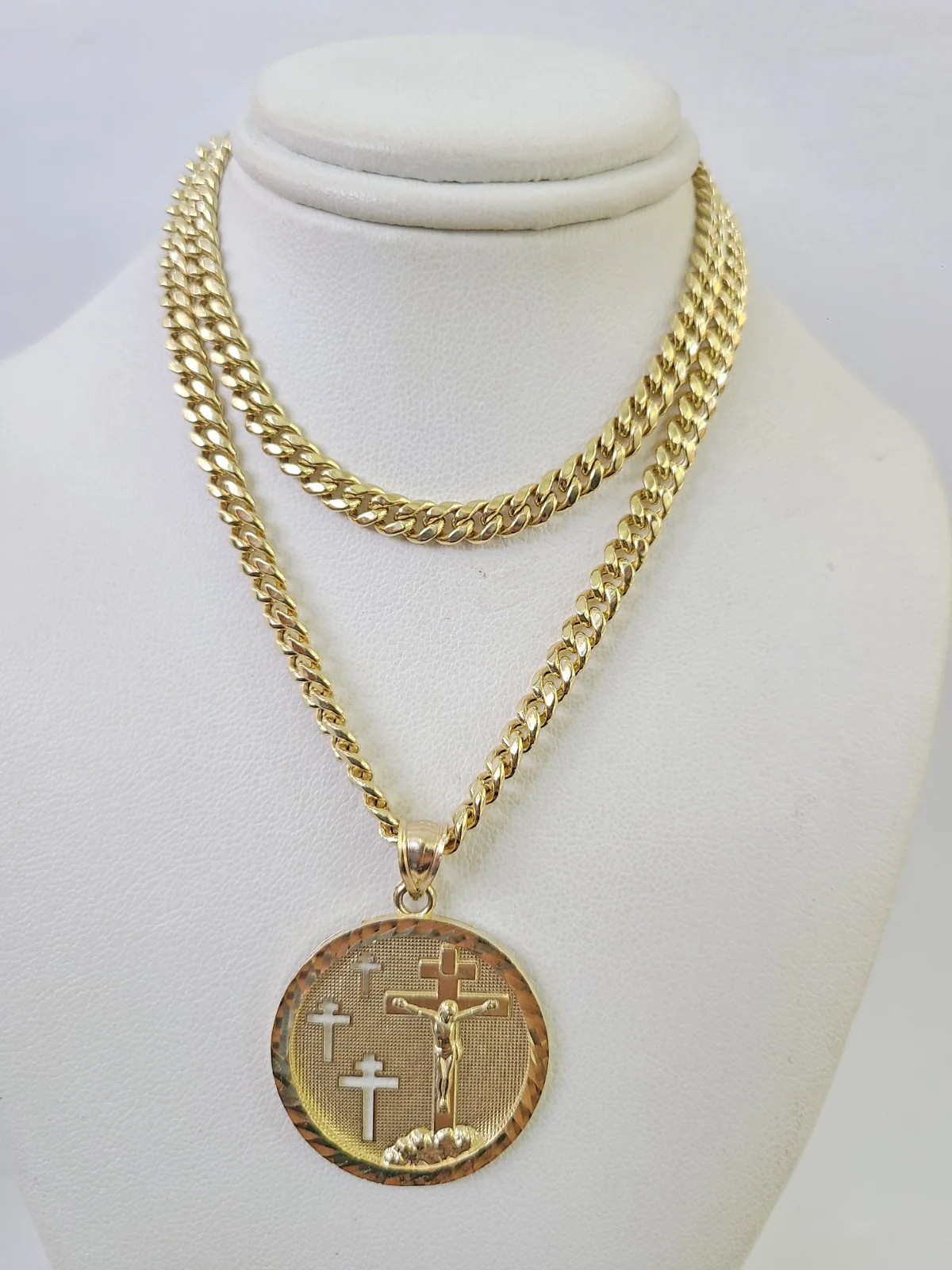10k Gold Jesus Medallion Cross Charm Miami Cuban Chain 5mm 18"-28" Necklace - Image 2