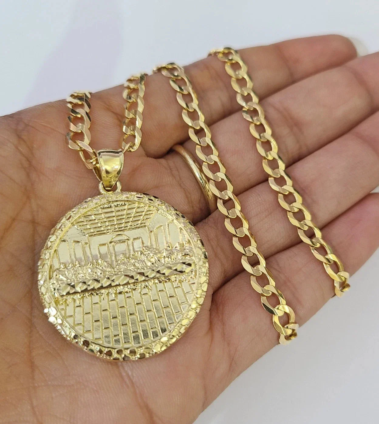 10k Gold Last Supper Nugget Pendant Cuban Curb Link Chain 5mm 18"-28" Inch SET