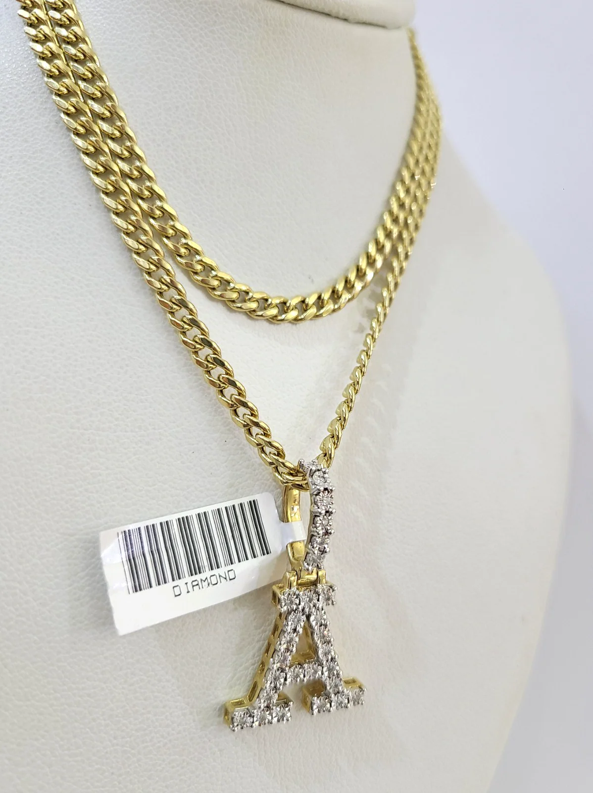 10K Gold Miami Cuban Chain A Diamond Initial 20"-28" 3mm Pendant Necklace SET