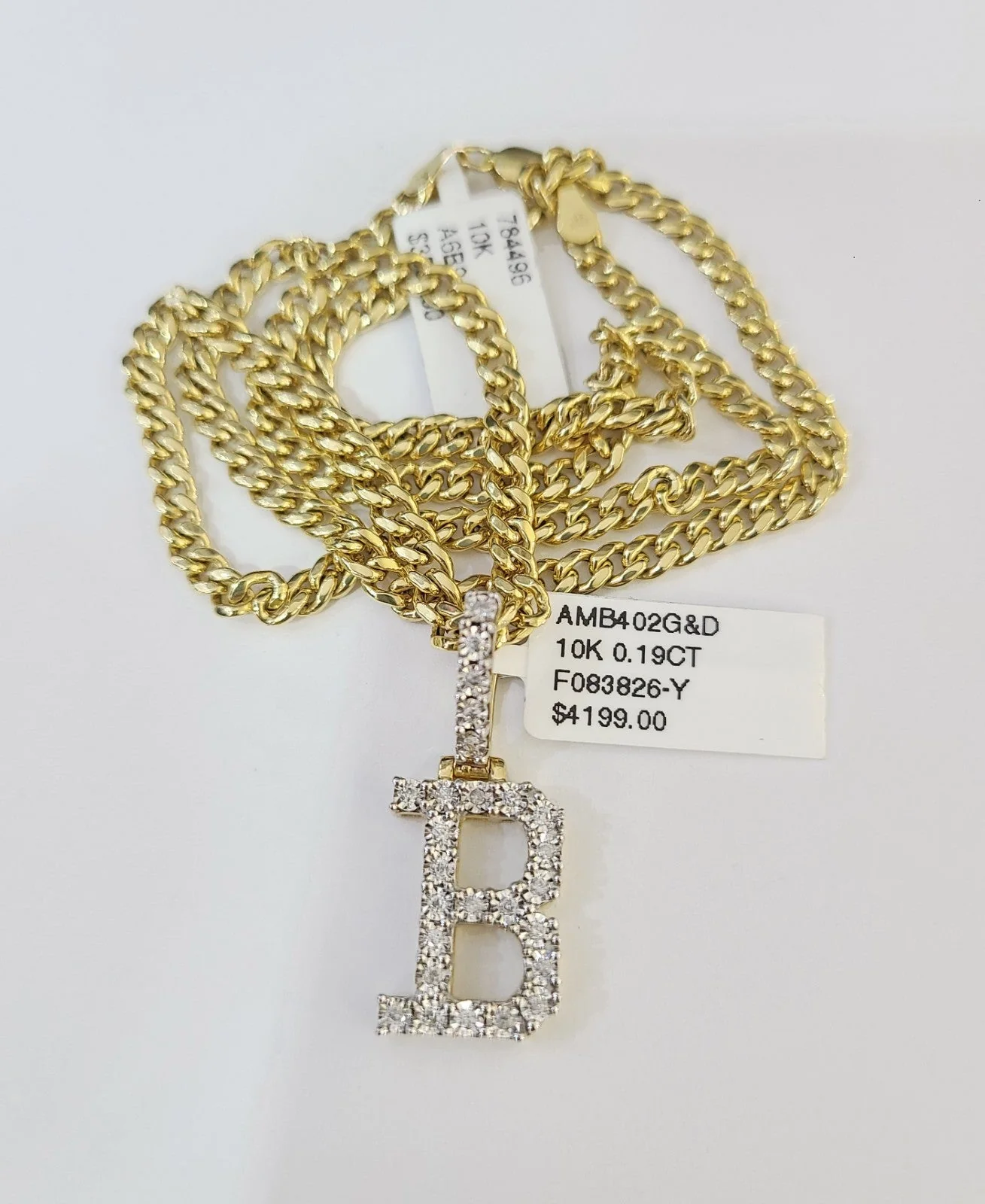 10K Gold Miami Cuban Chain B Diamond Initial 18"-24" 2mm Pendant Necklace SET - Image 4
