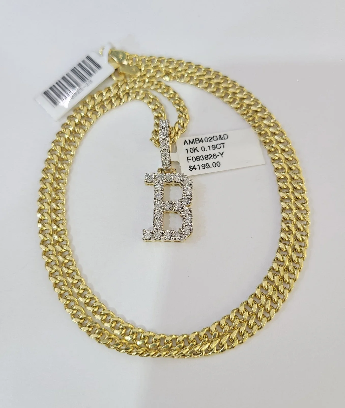 10K Gold Miami Cuban Chain B Diamond Initial 18"-24" 2mm Pendant Necklace SET - Image 5