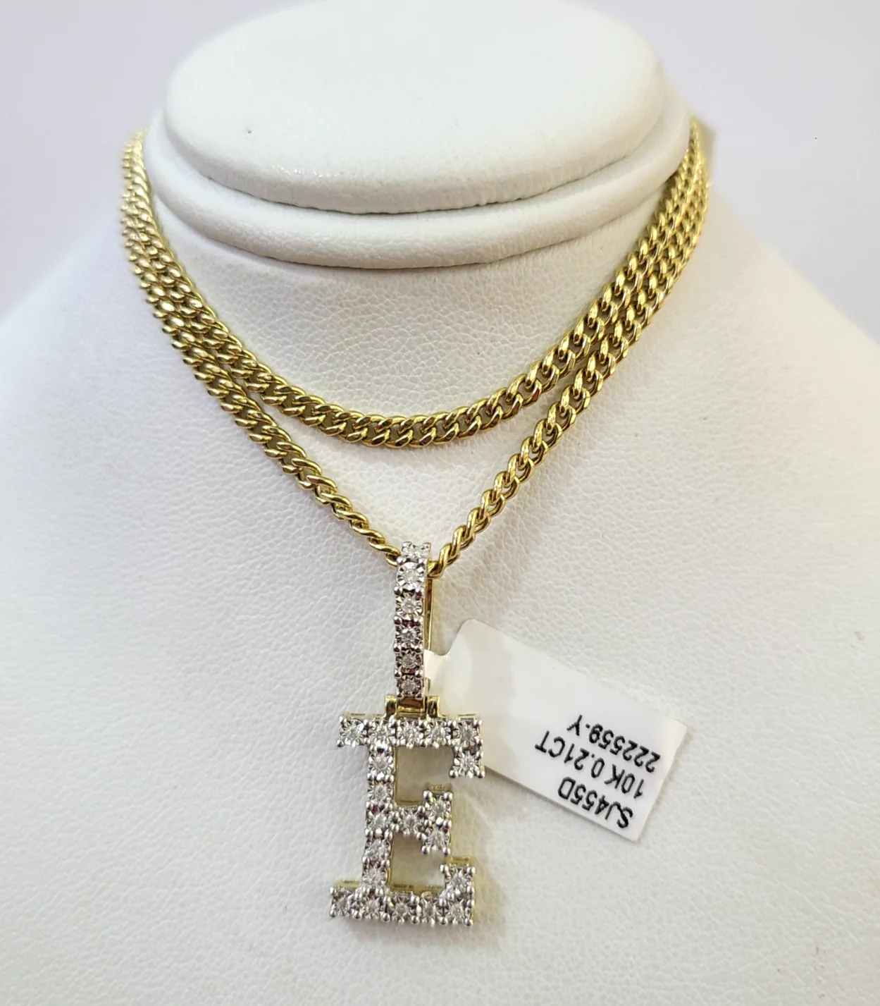 10K Gold Miami Cuban Chain E Diamond Initial 18"-24" 2mm Pendant Necklace SET
