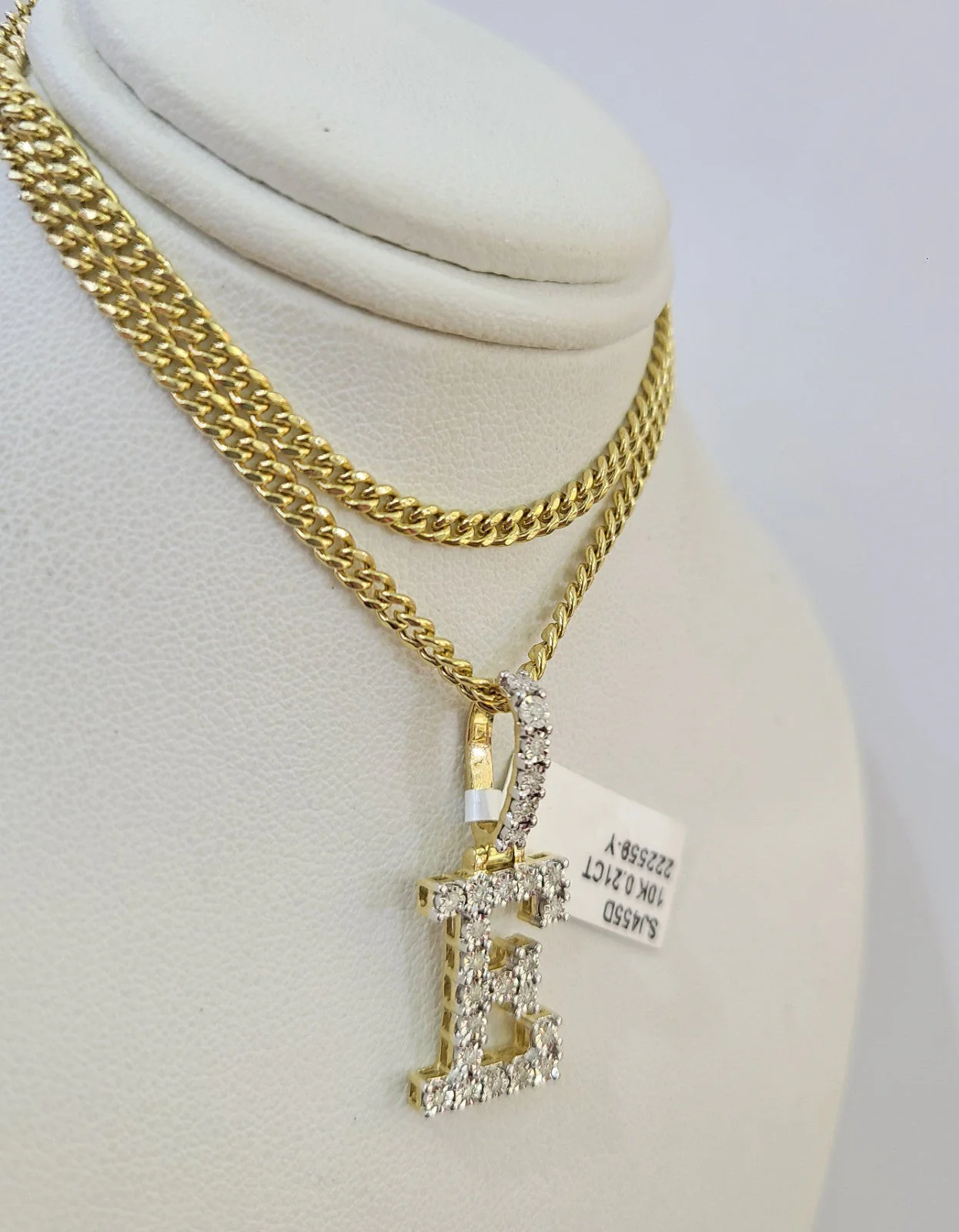 10K Gold Miami Cuban Chain E Diamond Initial 18"-24" 2mm Pendant Necklace SET - Image 6