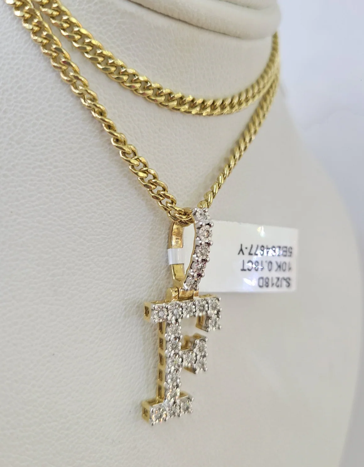 10K Gold Miami Cuban Chain F Diamond Initial 18"-24" 2mm Pendant Necklace SET