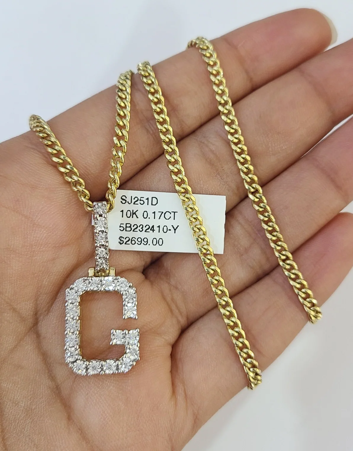 10K Gold Miami Cuban Chain G Diamond Initial 18"-24" 2mm Pendant Necklace SET - Image 5