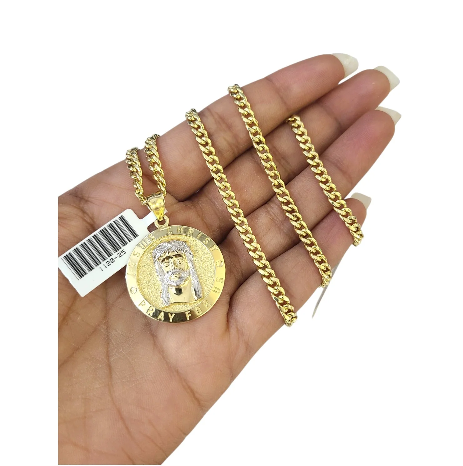 10K Gold Miami Cuban Chain Jesus Christ Charm 18"-24" 2mm Pendant Necklace SET