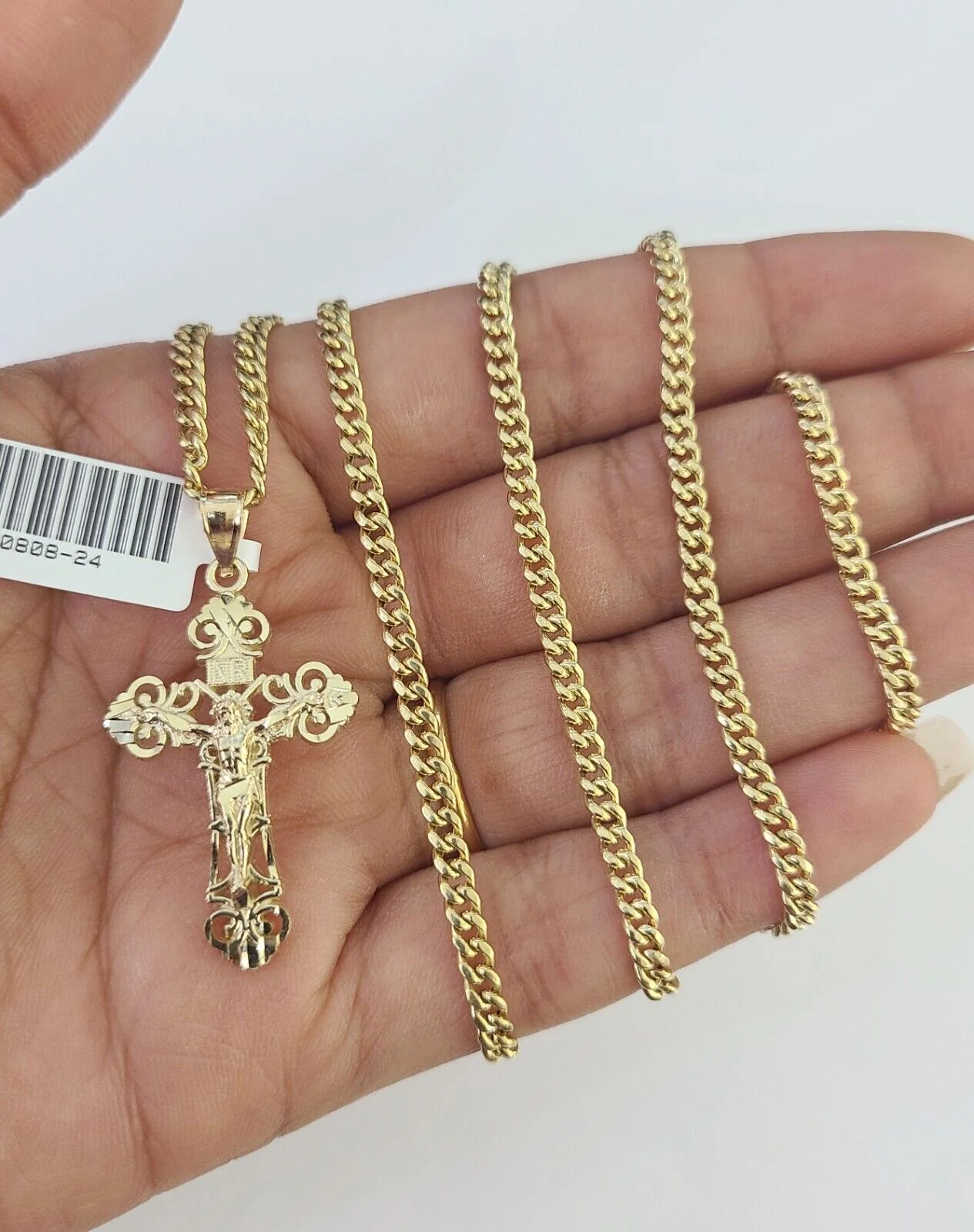 10K Gold Miami Cuban Chain Jesus Cross Charm 18"-30" 3mm REAL Pendant - Image 2