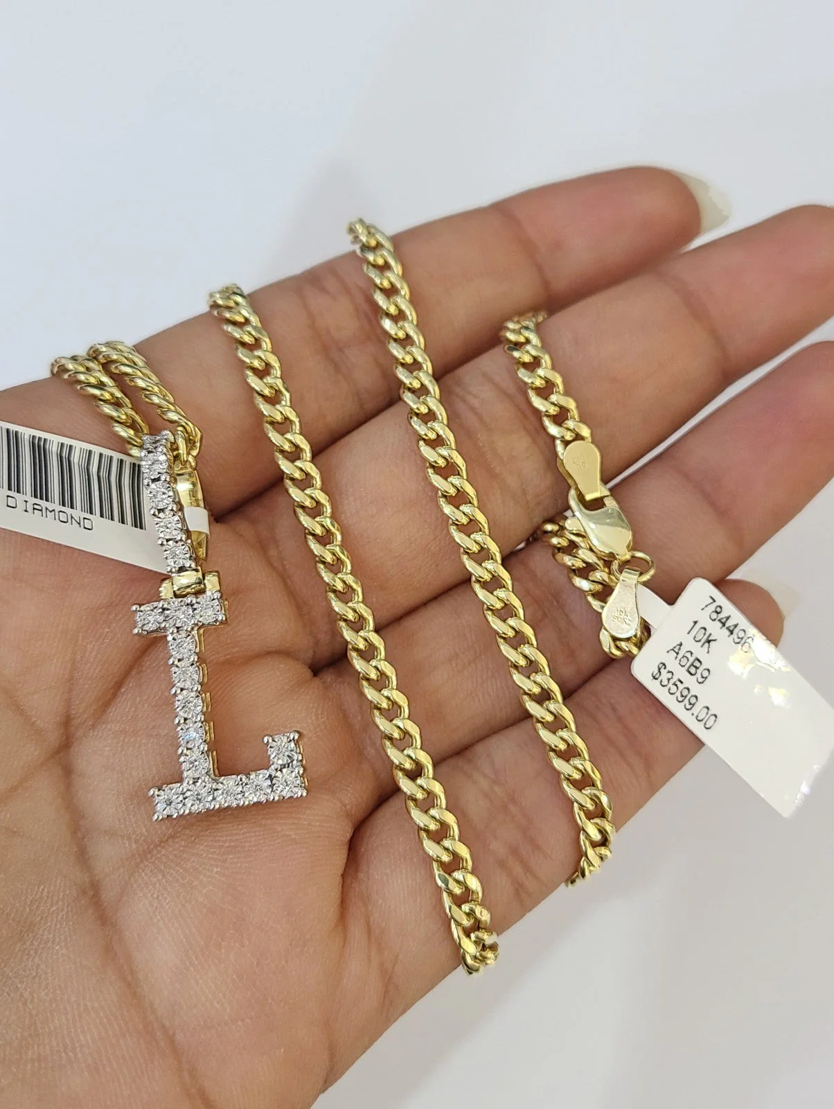 10K Gold Miami Cuban Chain L Diamond Initial 18"-24" 2mm Pendant Necklace SET - Image 4