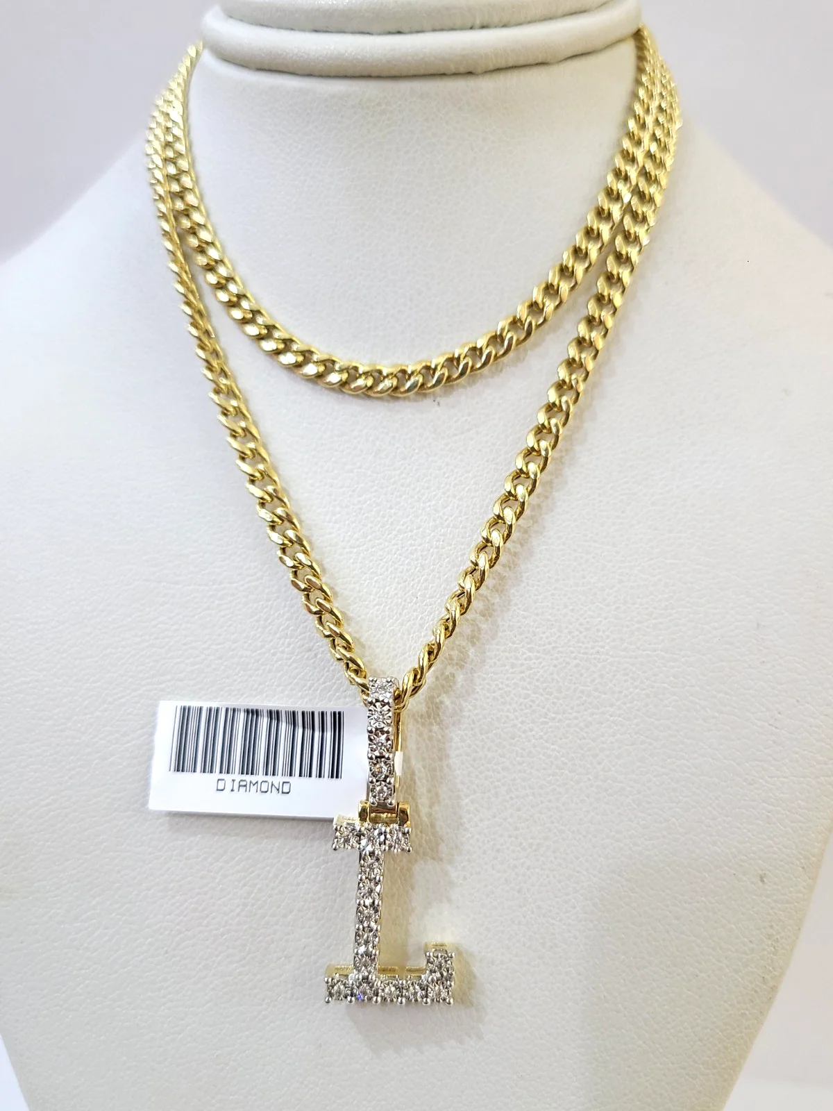 10K Gold Miami Cuban Chain L Diamond Initial 20"-28" 3mm Pendant Necklace SET