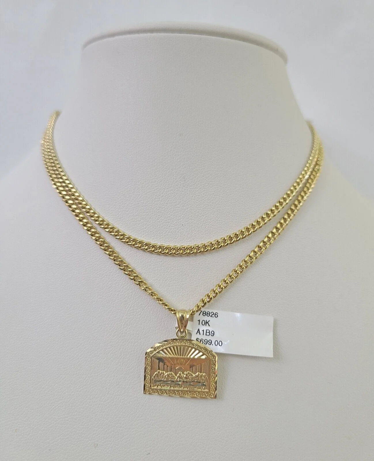 10K Gold Miami Cuban Chain Last Supper Charm 18"-30" 3mm REAL Pendant