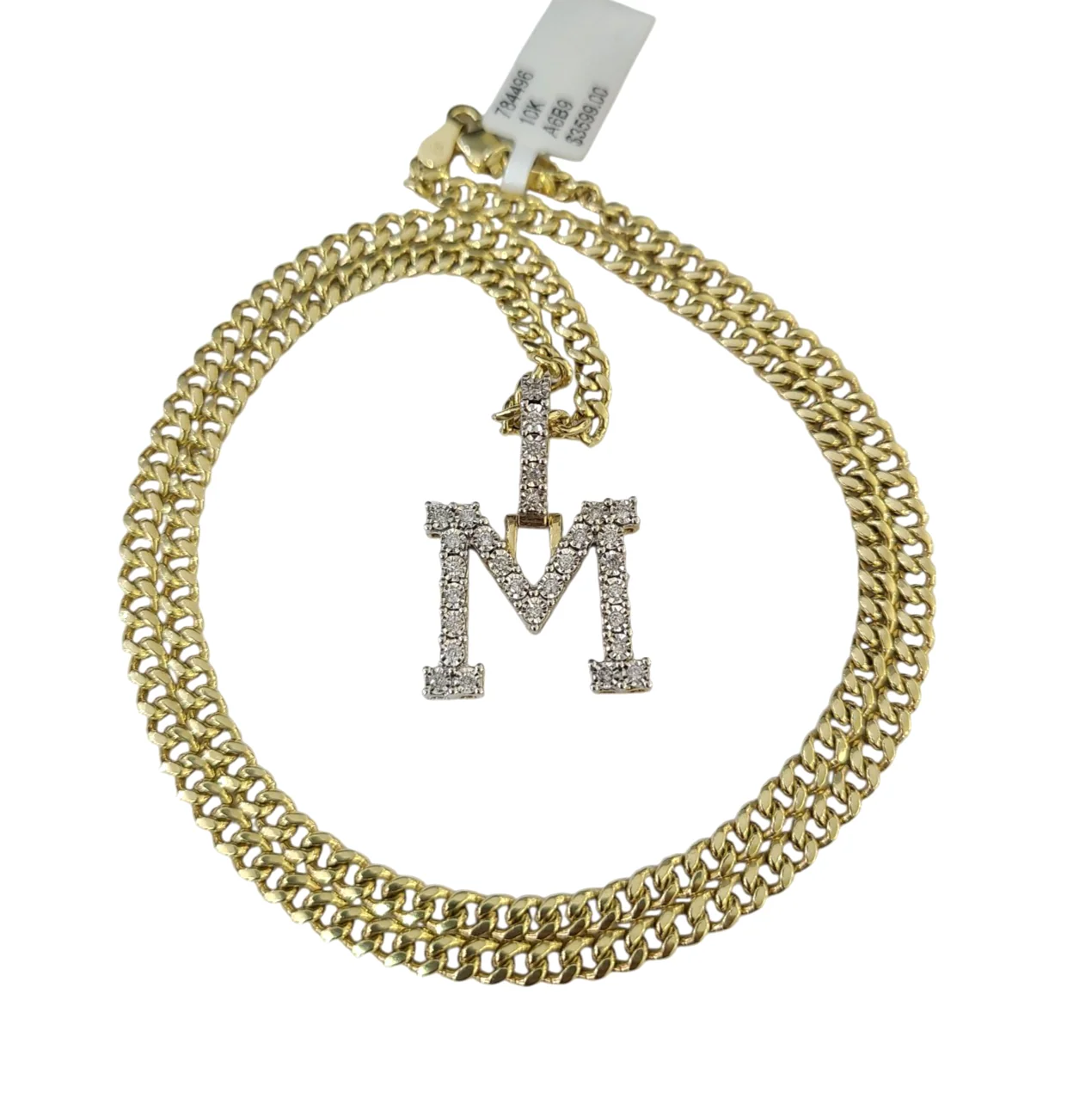 10K Gold Miami Cuban Chain M Diamond Initial 18"-24" 2mm Pendant Necklace SET - Image 2