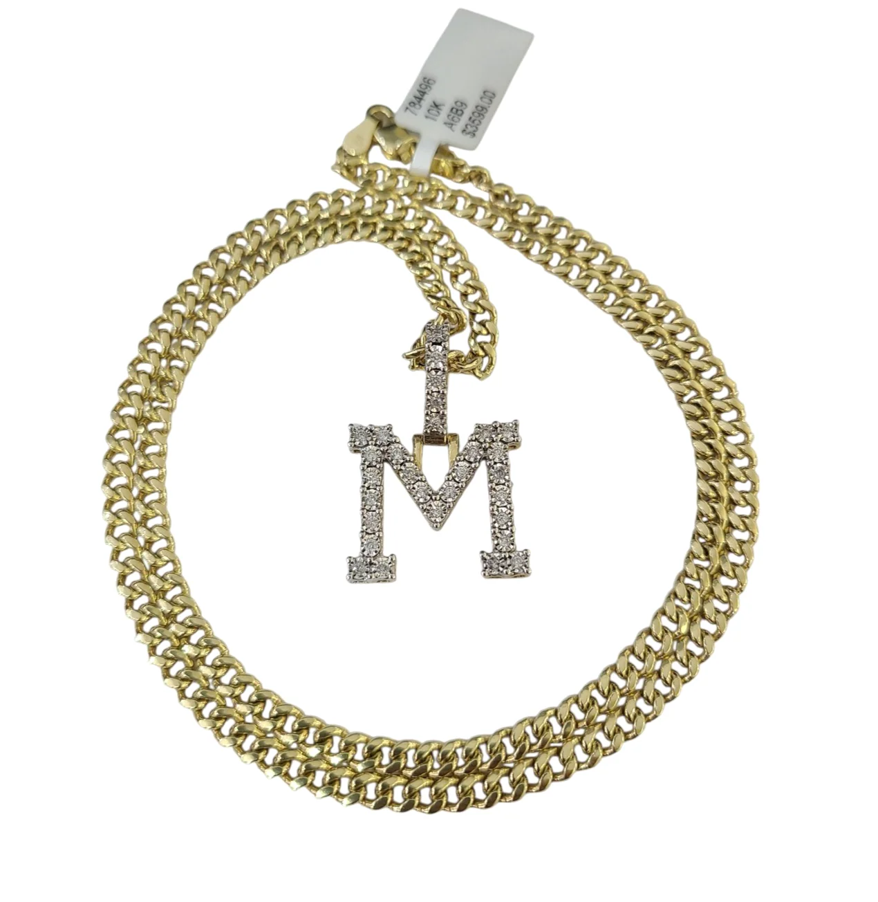 10K Gold Miami Cuban Chain M Diamond Initial 20"-28" 3mm Pendant Necklace SET